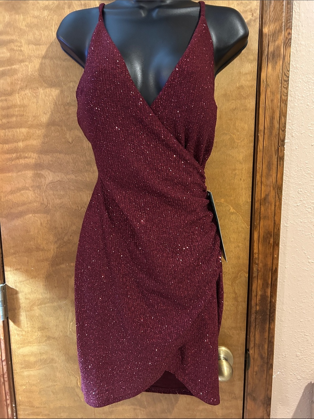Sparkle Burgundy Wrap Mini Dress - Homecoming